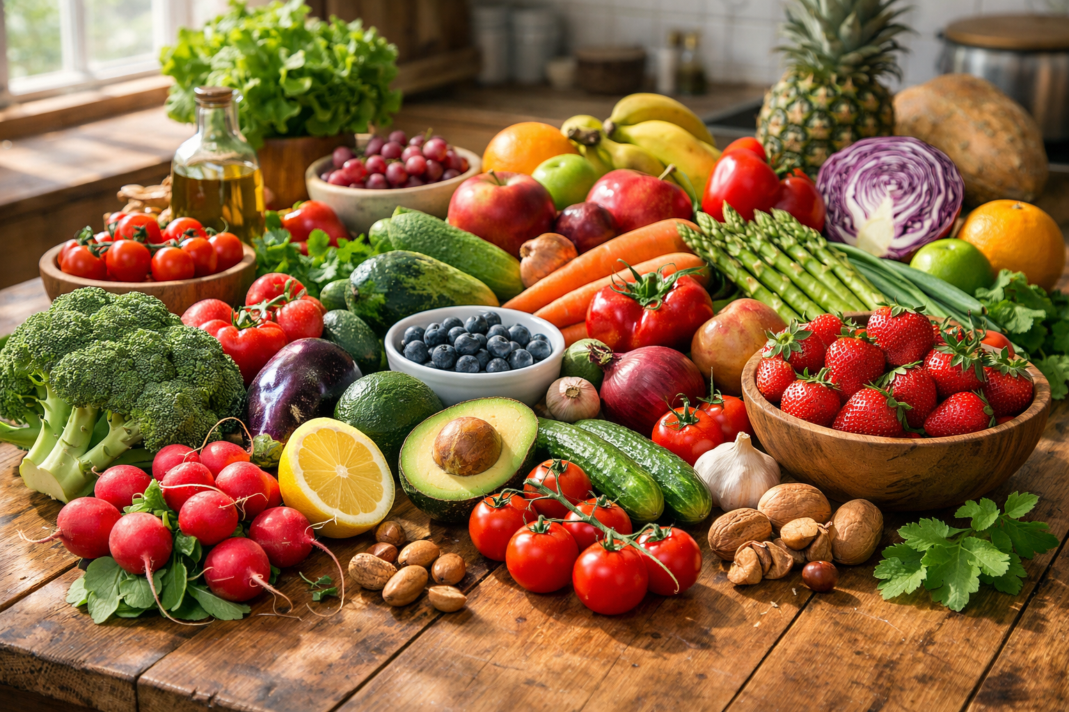 Fresh colorful vegetables and fruits arranged on a wooden kitchen table, natural morning light, healthy eating concept