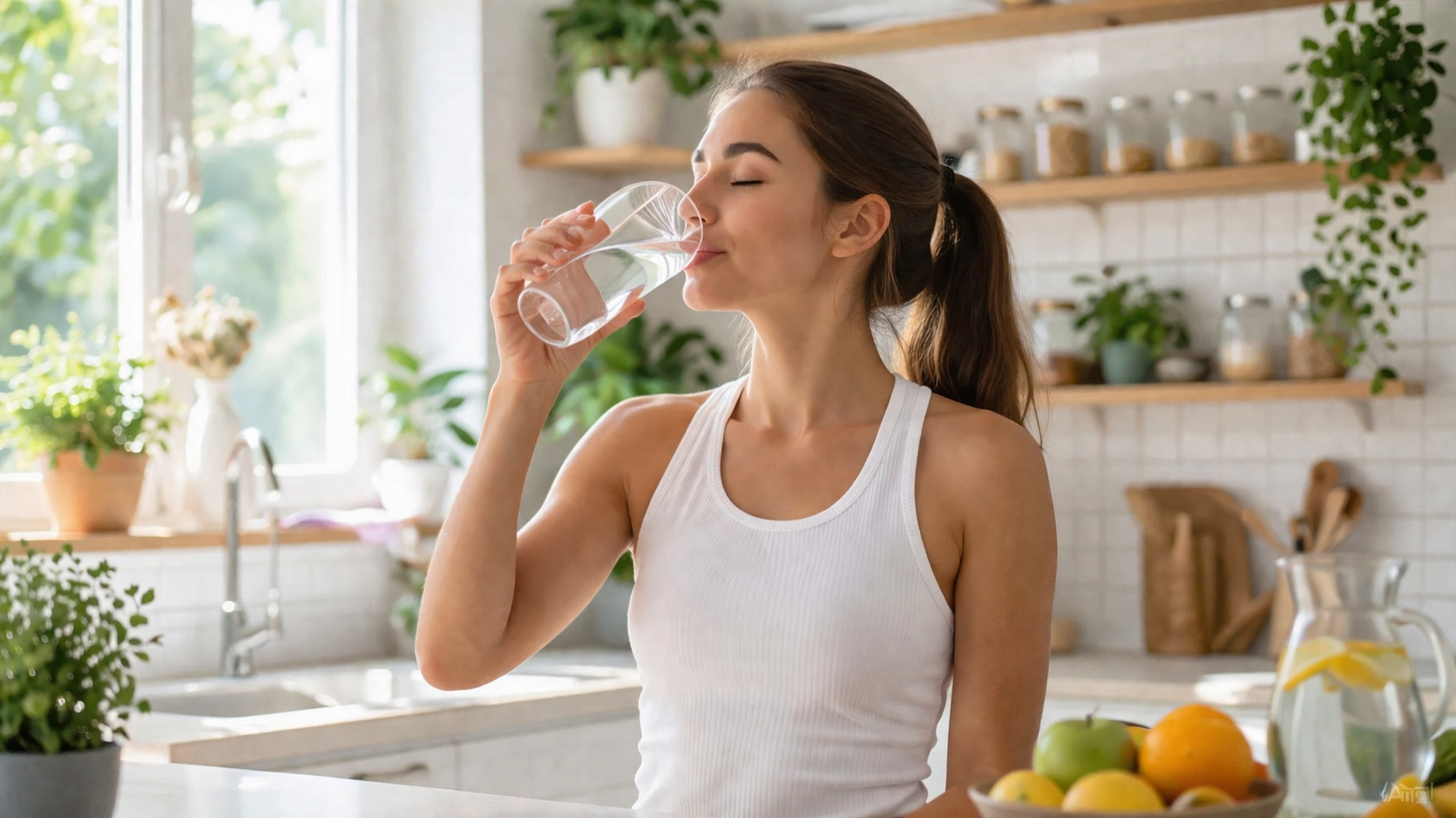 Person drinking water from glass in bright kitchen, wellness and hydration lifestyle